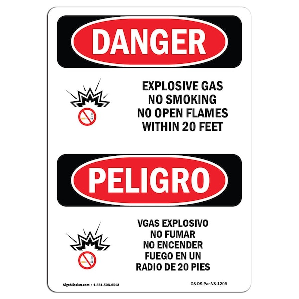 Safety Sign, OSHA Danger, 24" Height, Aluminum, Explosive Gas No Smoking 20 Feet Spanish
